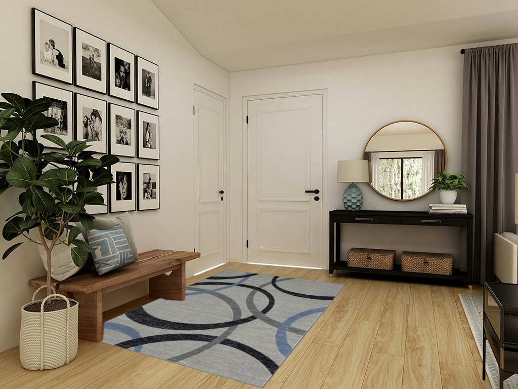 HomeRoots 5' X 7' Ivory Blue and Gray Geometric Area Rug in Transitional Minimalistic Entryway