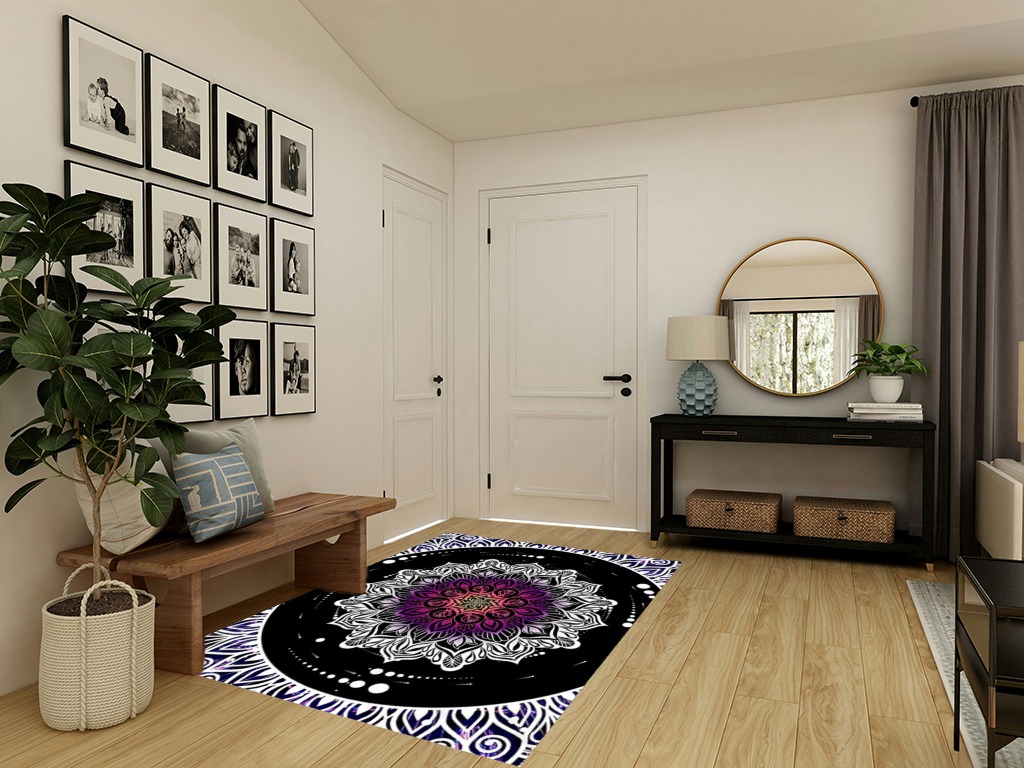 Boho Mandala Area Rug, 5x7ft, Anti-Slip Carpet with Mandala Design Covering The Whole Screen Indoor Outdoor Bohemian Collection Rugs for Bedroom Living Room Office, Multicolor White Black Purple in Transitional Minimalistic Entryway