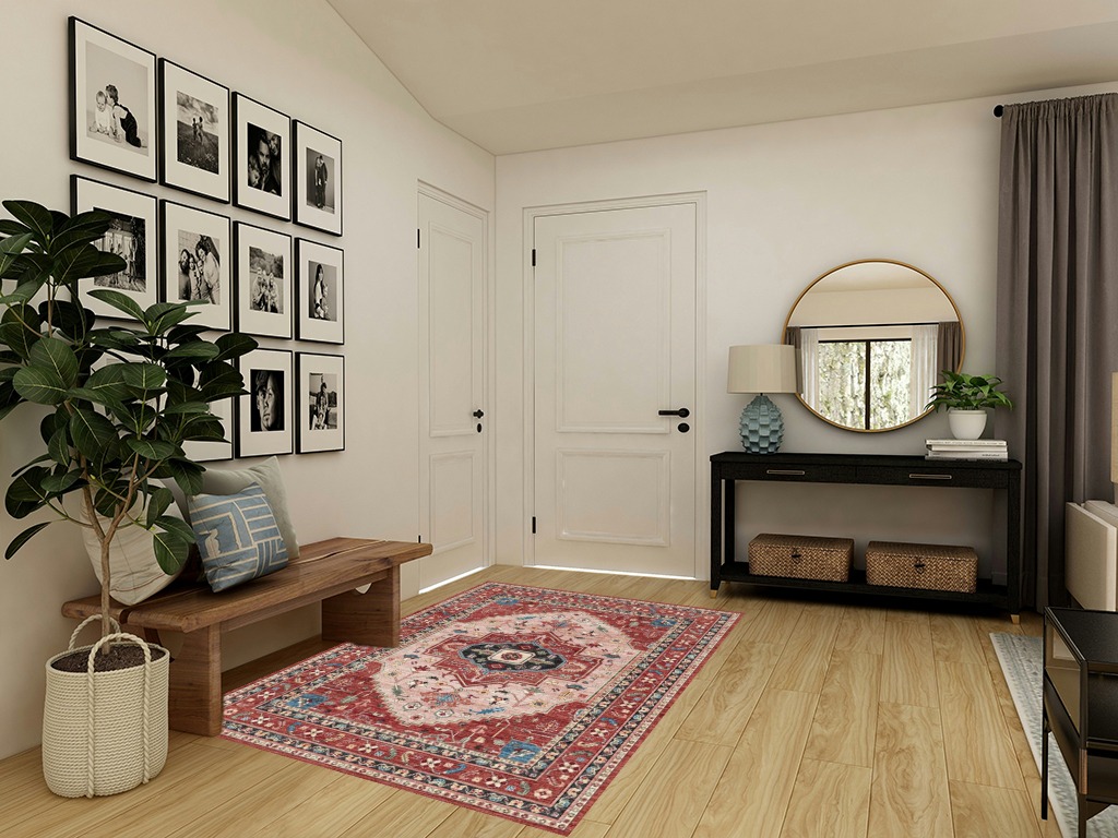 ComiComi Washable Rug 5x7 - Stain Resistant Vintage 5x7 Area Rug, Super Soft Washable Rug for Living Room Bedroom, Oriental Tribal Rugs(Red/Cream, 5'x7') in Transitional Minimalistic Entryway