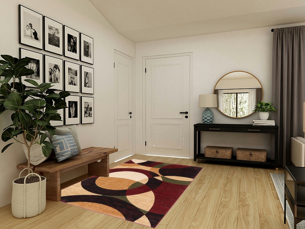 Well Woven Casual Modern Styling Shapes Circles Area Rug 5x7 (5'3" x 7'3'') Multi Color Red Black Beige Thick Soft Pile Easy Care Pile Suitable high Traffic Areas in Transitional Minimalistic Entryway