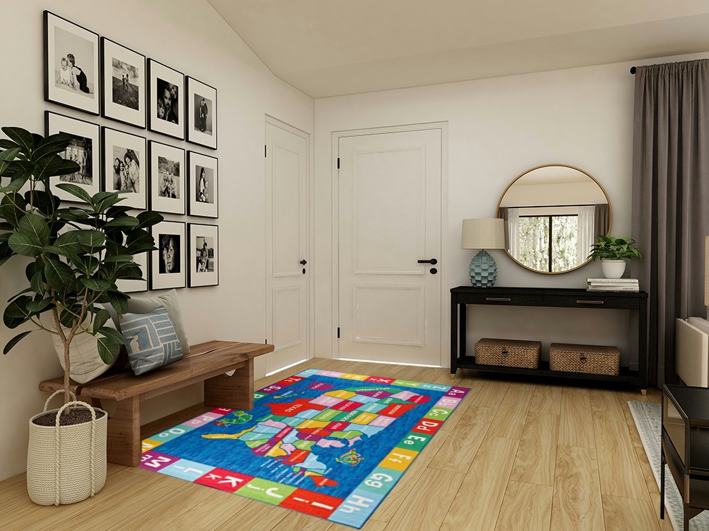 Eric Carle Elementary USA Map Kids Machine Washable Area Rug Blue/Red, 4'11"x6'6" in Transitional Minimalistic Entryway