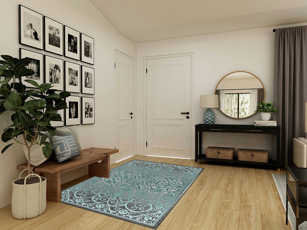 Maples Rugs Pelham Non Slip Area Rugs, Medallion Low Pile Pet-Friendly Mat for Living Room, Bedroom, and Dining [Made in USA], 5 x 7, Blue/Grey in Transitional Minimalistic Entryway