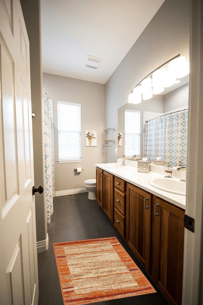 Bathroom rug ideas orange in Wooden and Grey Bathroom