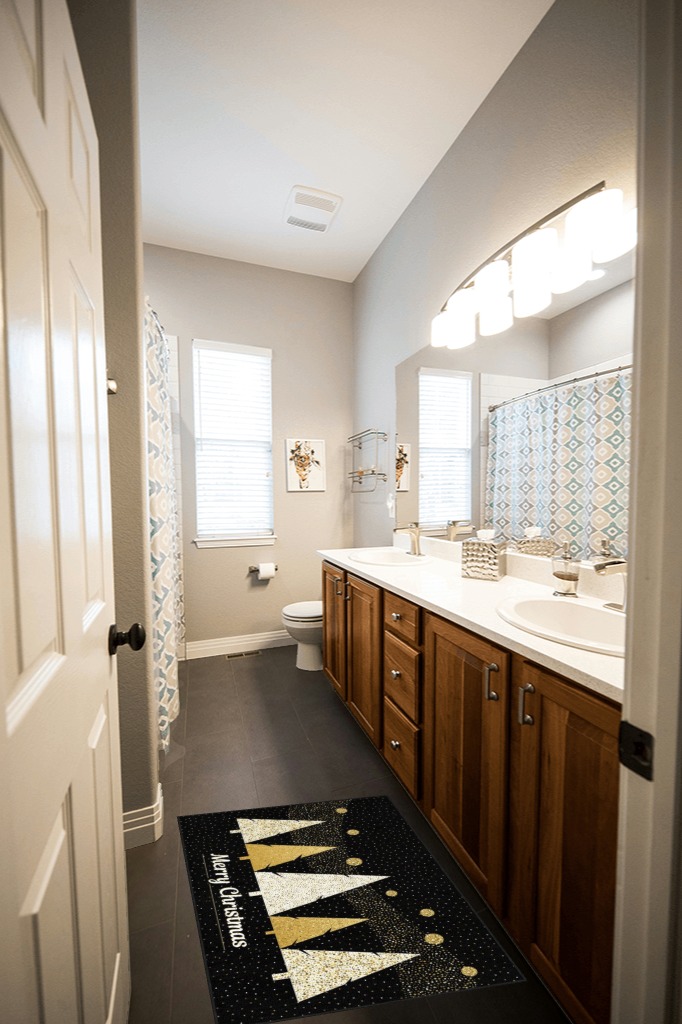 Front porch rugs ideas in Wooden and Grey Bathroom