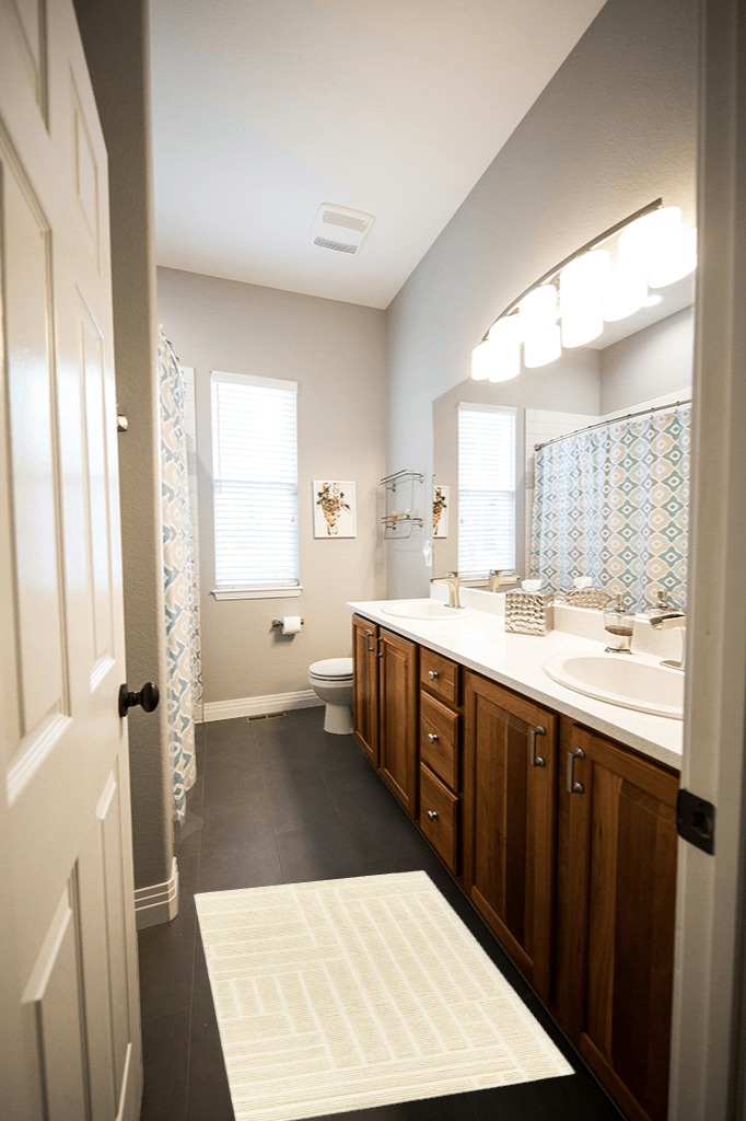 Front porch rugs ideas in Wooden and Grey Bathroom