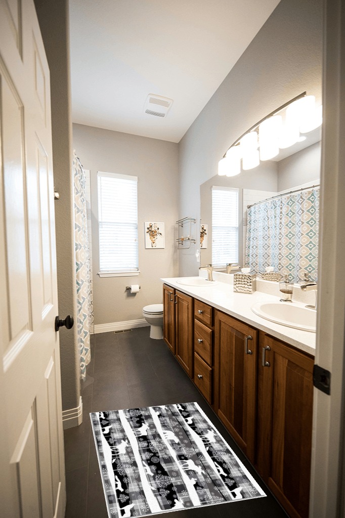 KITHOME Doorway (small rugs) and 2x3, Black and Grey Rug in Wooden and Grey Bathroom