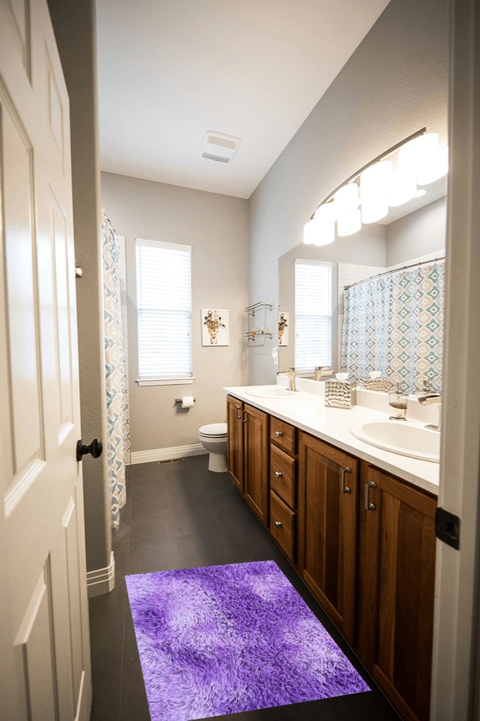 Bathroom rug ideas purple in Wooden and Grey Bathroom