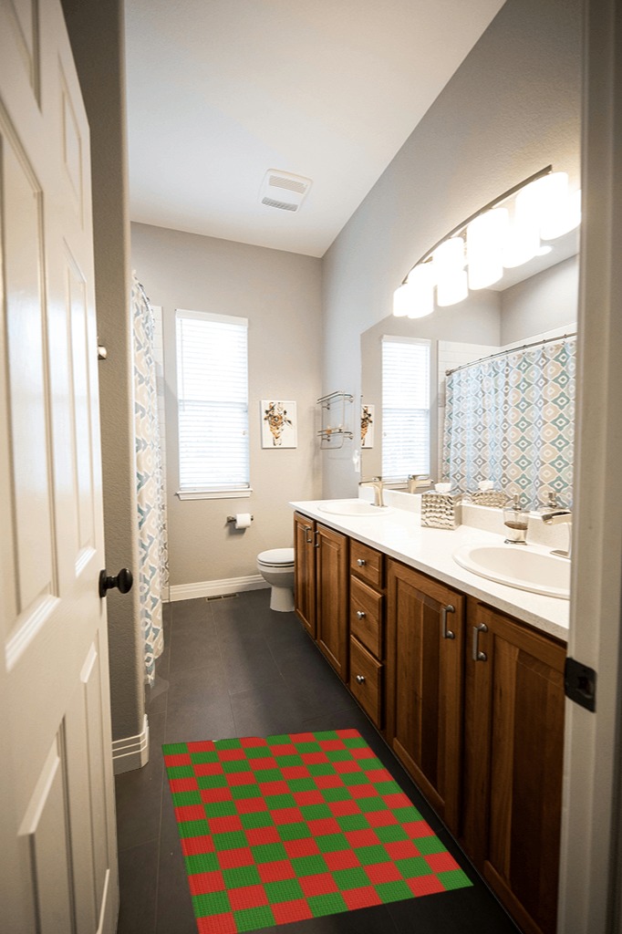Chucoco Doorway (small rugs) and 2x3, Red and Green Rug in Wooden and Grey Bathroom