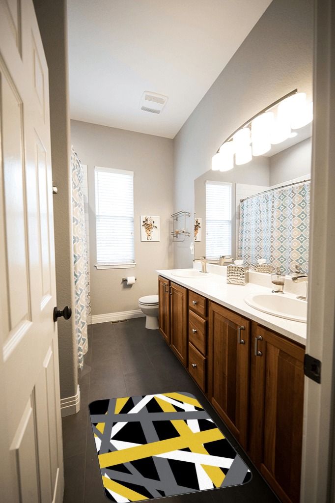 Bathroom rug ideas gold in Wooden and Grey Bathroom