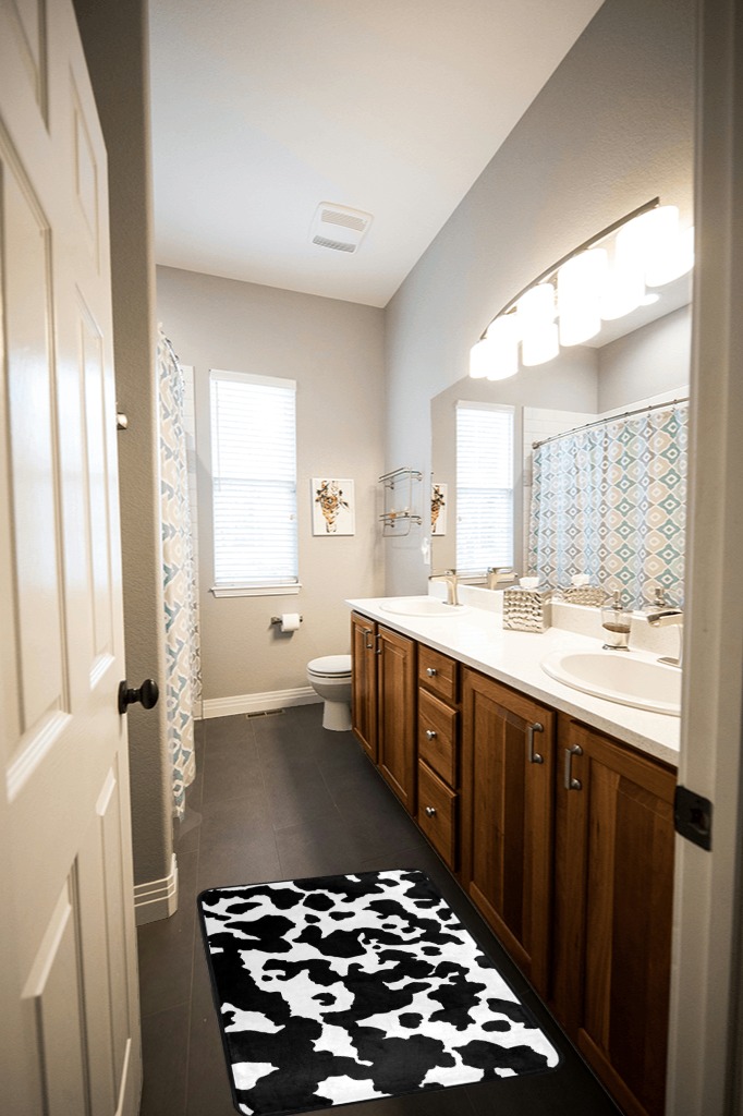 Bathroom rug ideas black white in Wooden and Grey Bathroom