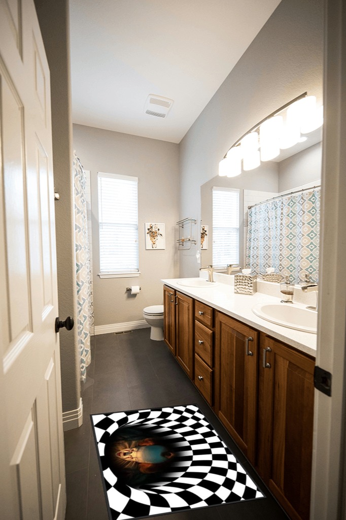 Bathroom rug ideas black white in Wooden and Grey Bathroom