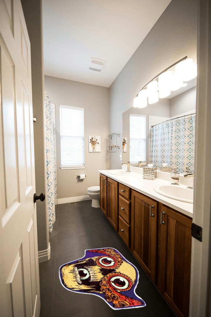 Bathroom rug ideas orange in Wooden and Grey Bathroom