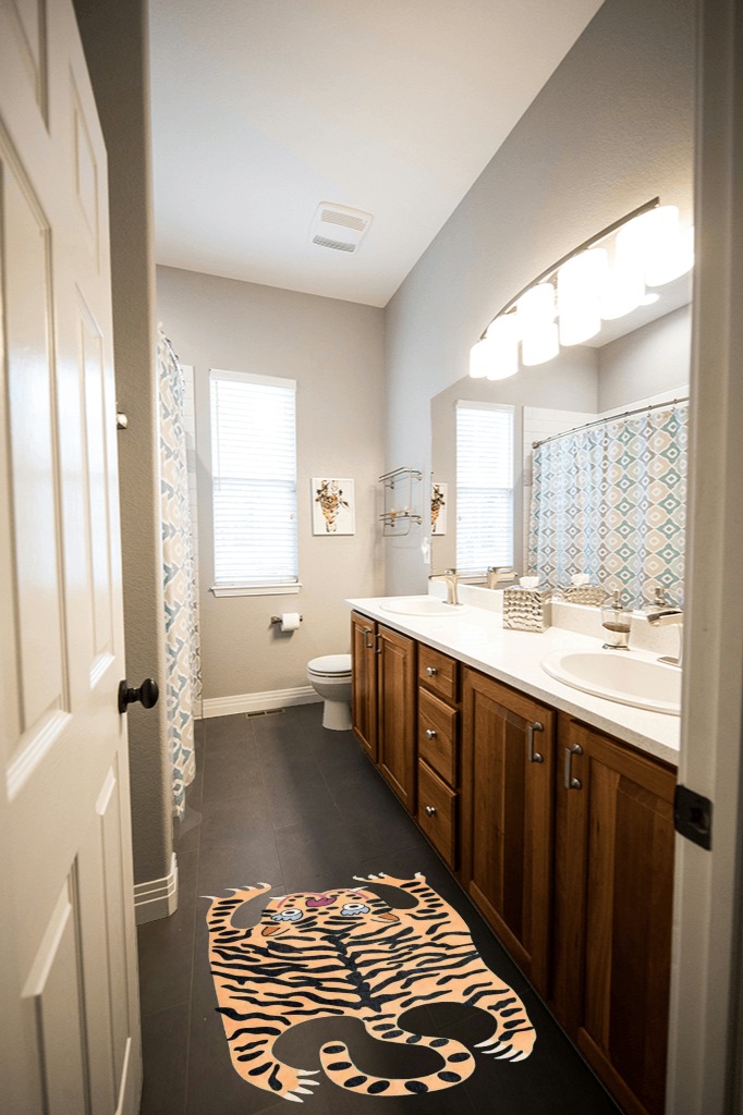 Bathroom rug ideas orange in Wooden and Grey Bathroom