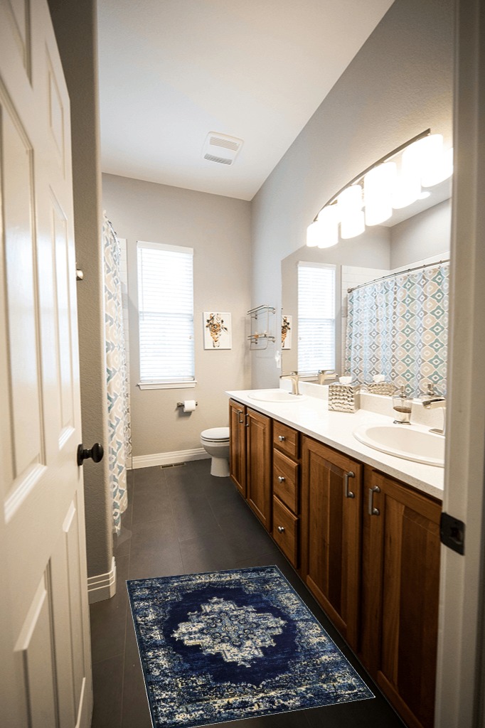 Bathroom rug ideas blue in Wooden and Grey Bathroom