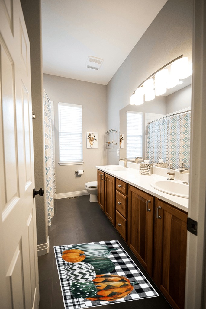 Bathroom rug ideas orange in Wooden and Grey Bathroom