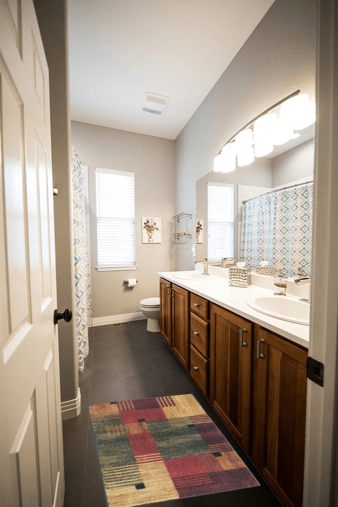 Bathroom rug ideas red in Wooden and Grey Bathroom