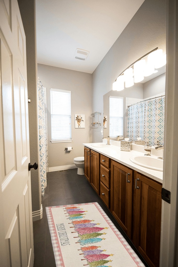 Bathroom rug ideas pink in Wooden and Grey Bathroom