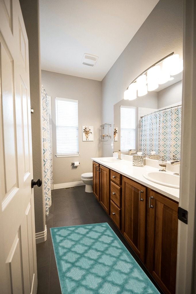 Bathroom rug ideas teal in Wooden and Grey Bathroom