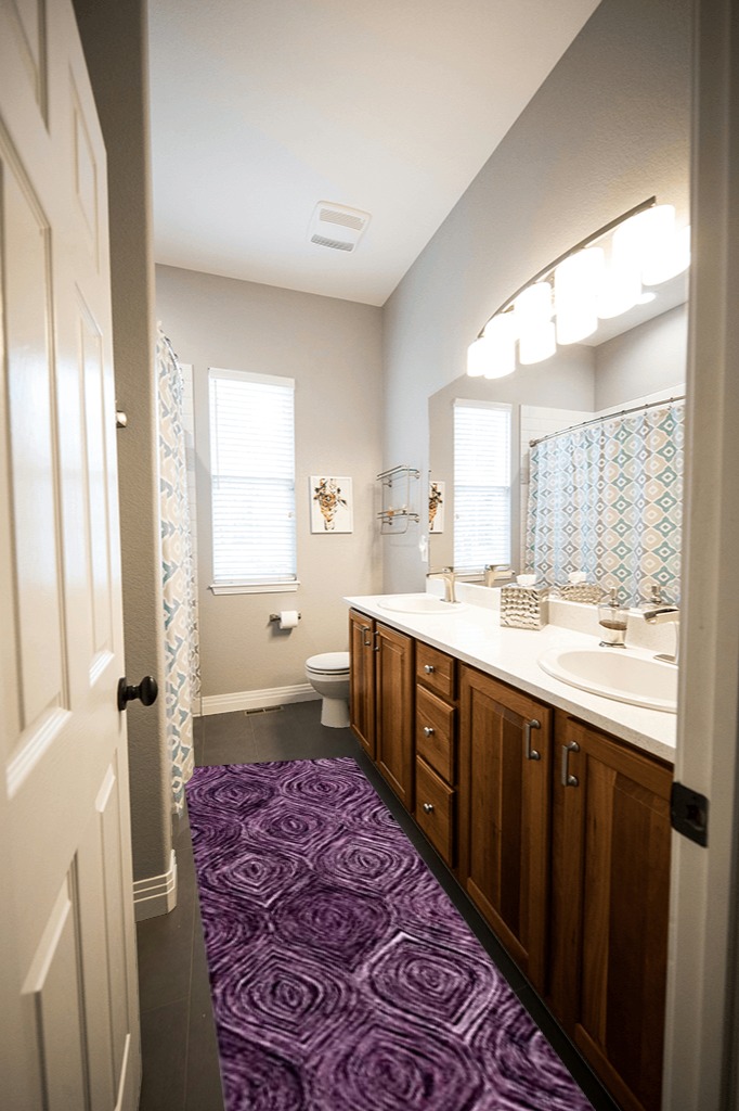 Bathroom rug ideas purple in Wooden and Grey Bathroom