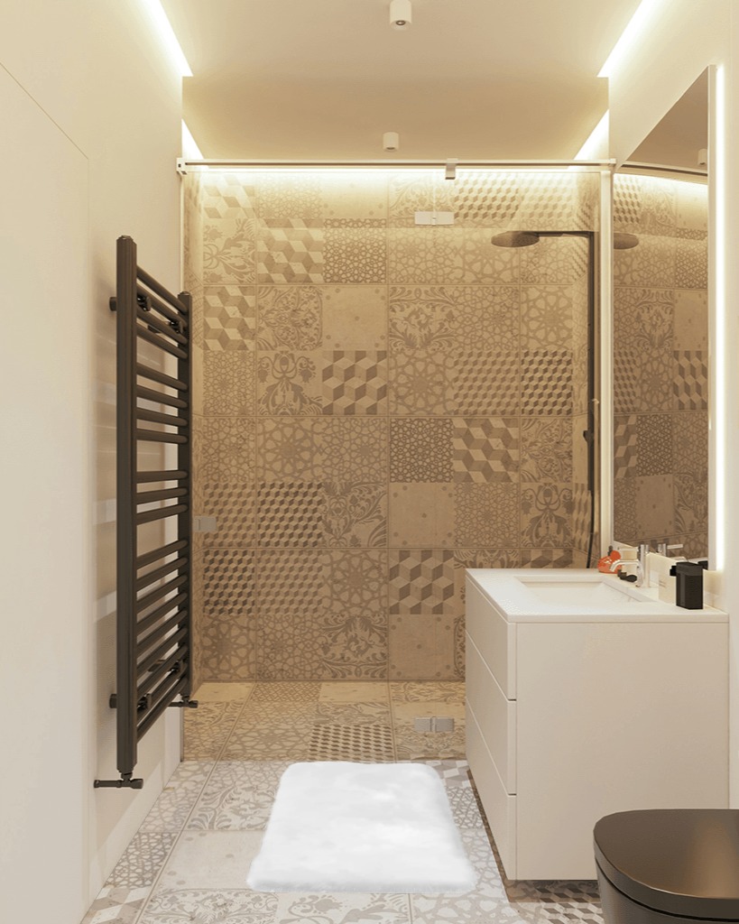 Bathroom rug ideas in White Tiled Bathroom