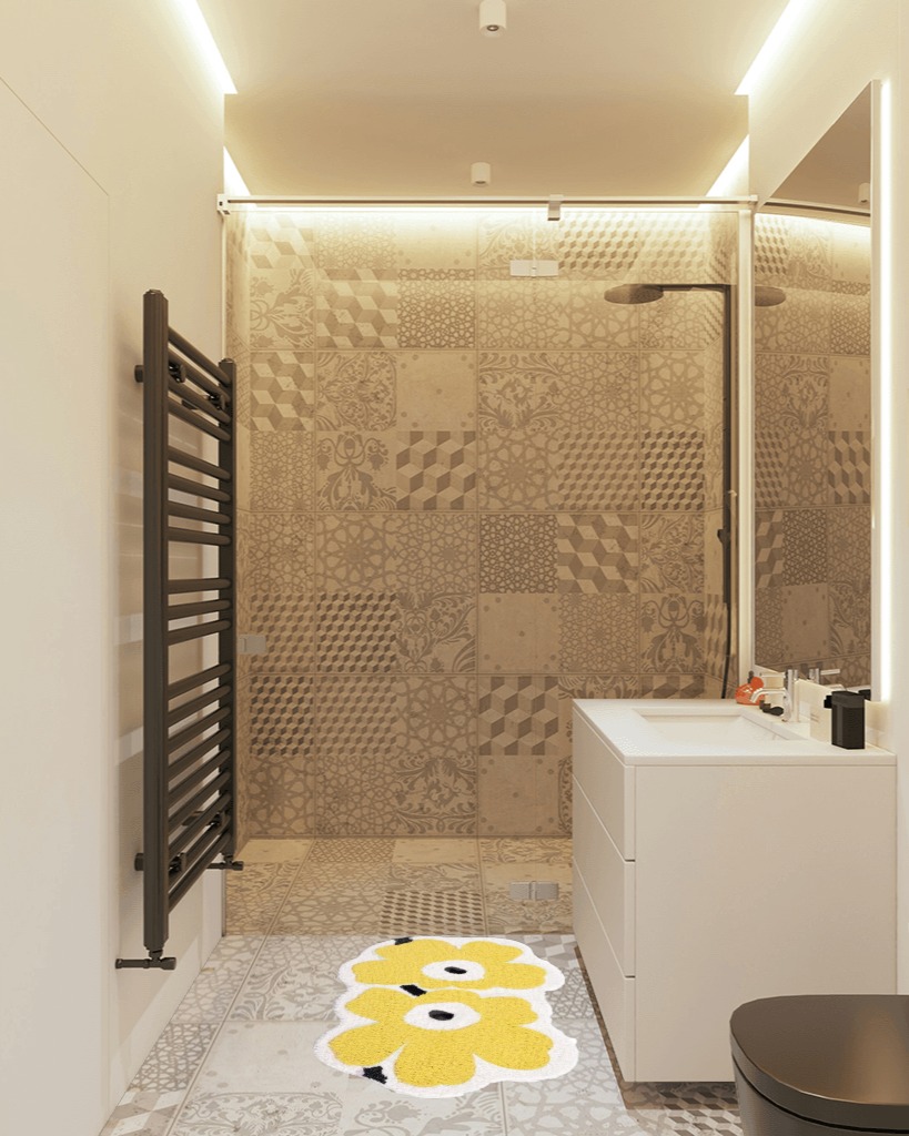 Bathroom rug ideas yellow in White Tiled Bathroom