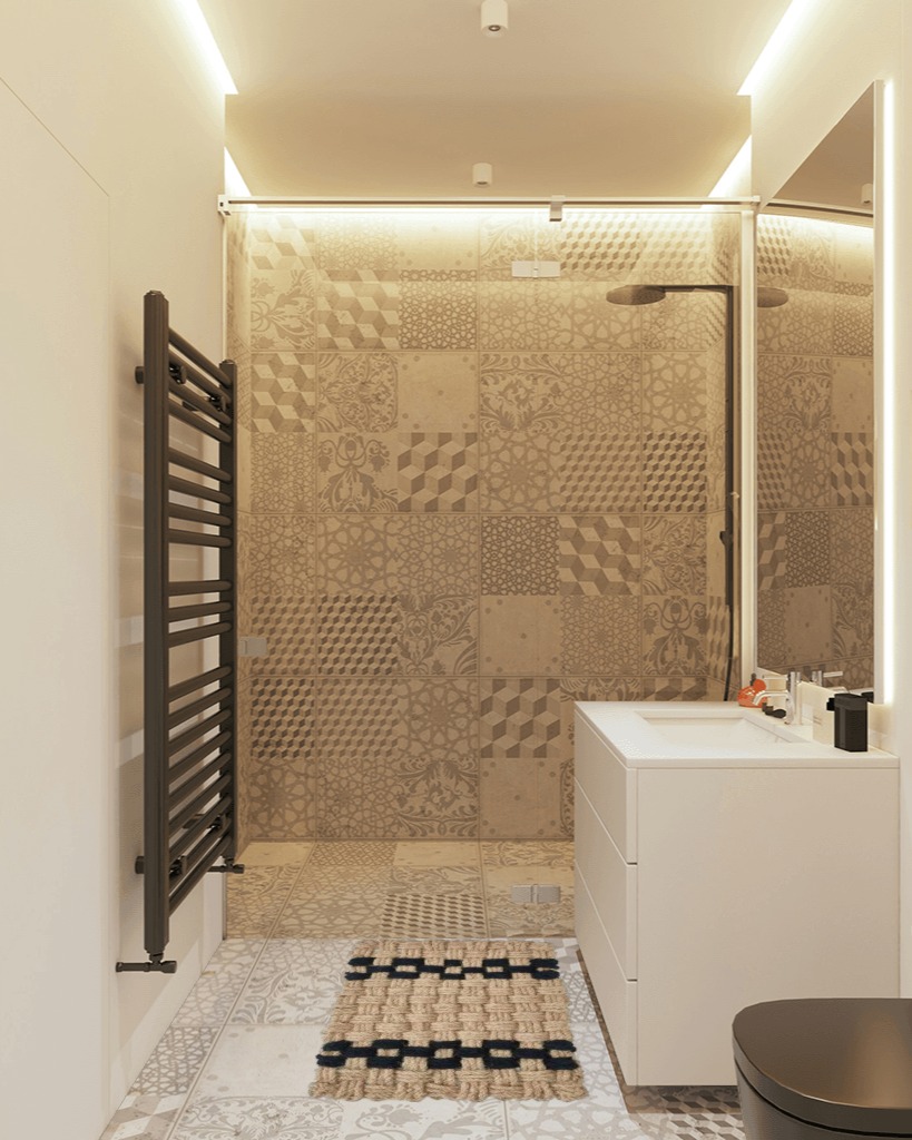 Bathroom rug ideas brown in White Tiled Bathroom