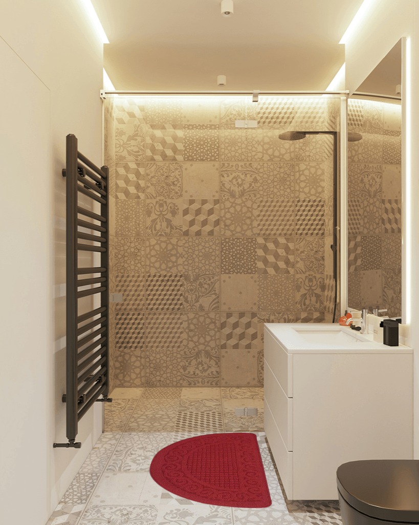 Bathroom rug ideas red in White Tiled Bathroom