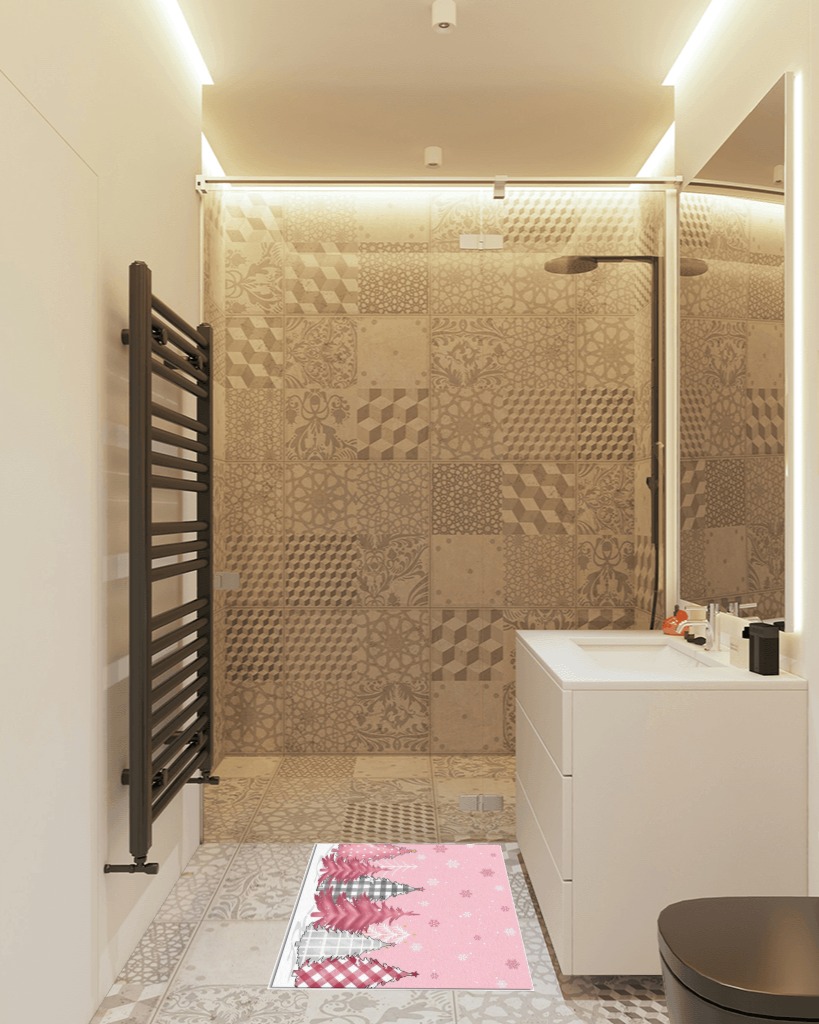 Bathroom rug ideas pink in White Tiled Bathroom