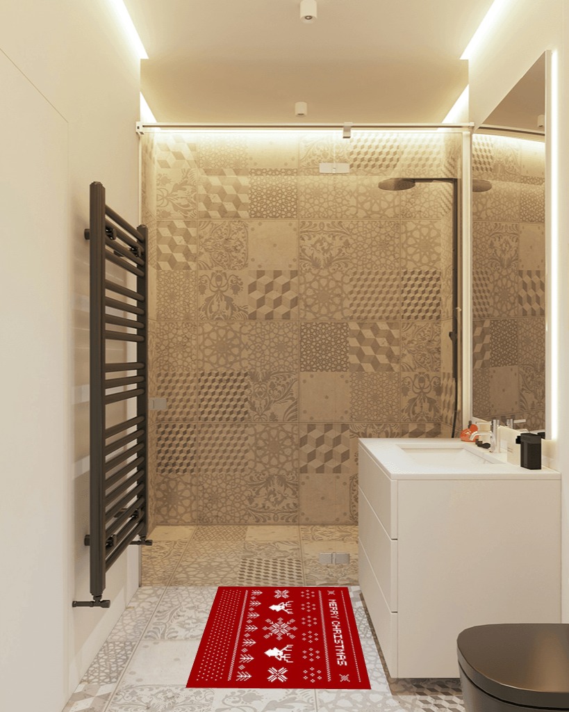 Bathroom rug ideas red in White Tiled Bathroom