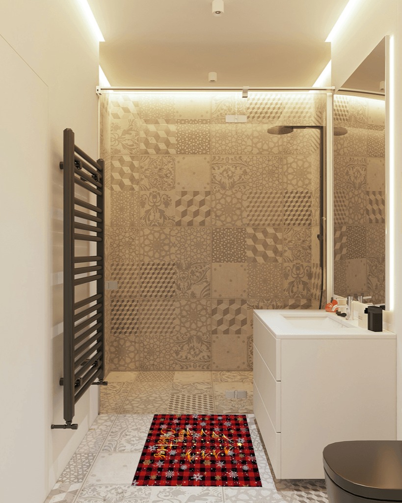 Bathroom rug ideas red in White Tiled Bathroom