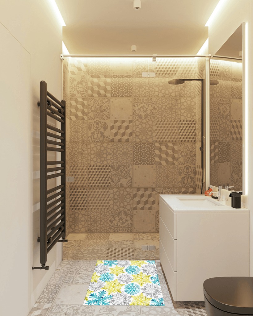 Bathroom rug ideas yellow in White Tiled Bathroom
