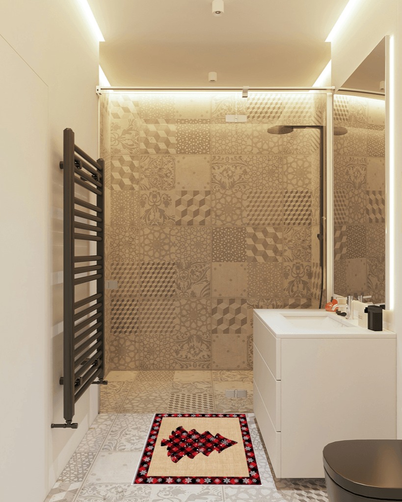 Bathroom rug ideas beige in White Tiled Bathroom
