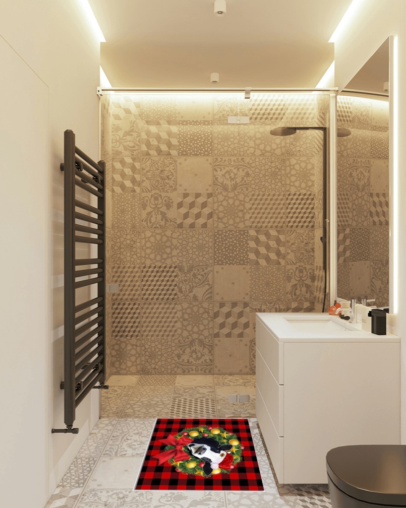 Bathroom rug ideas black in White Tiled Bathroom