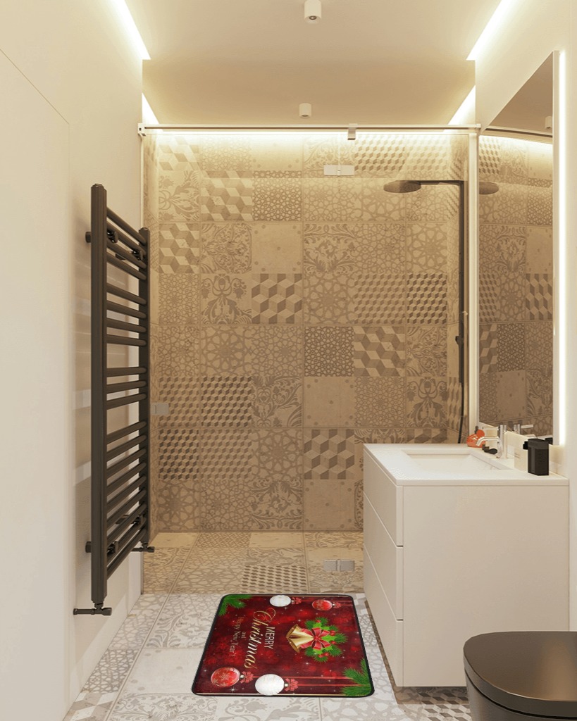 Bathroom rug ideas red in White Tiled Bathroom