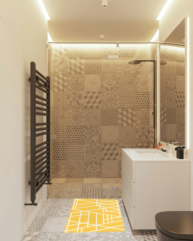 Bathroom rug ideas yellow in White Tiled Bathroom