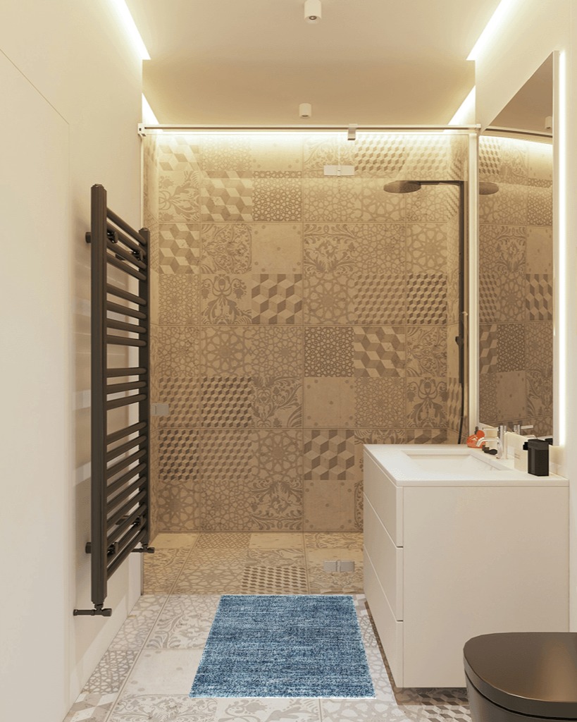 Bathroom rug ideas blue in White Tiled Bathroom