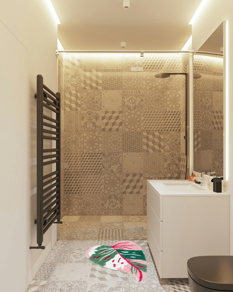 Bathroom rug ideas teal in White Tiled Bathroom