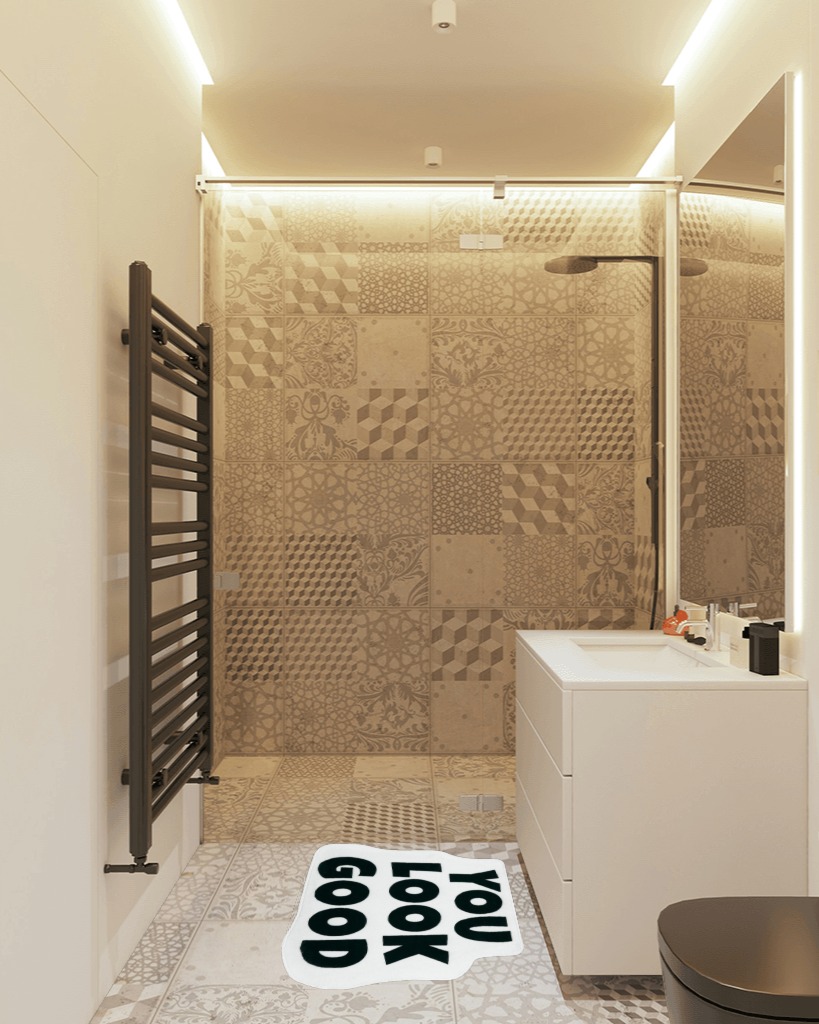 Bathroom rug ideas black white in White Tiled Bathroom