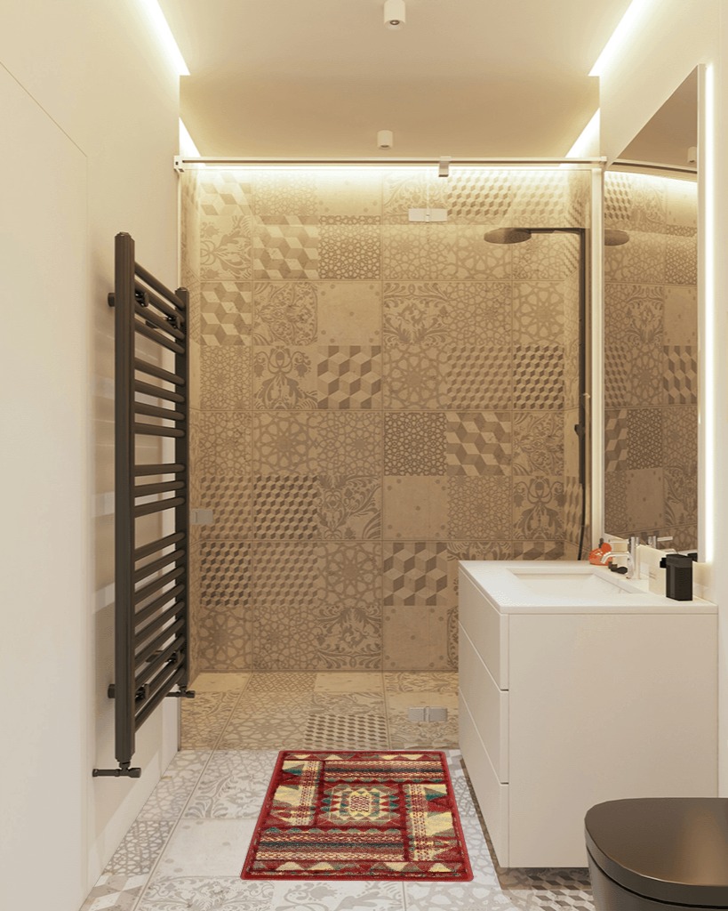 Boho rug ideas in White Tiled Bathroom