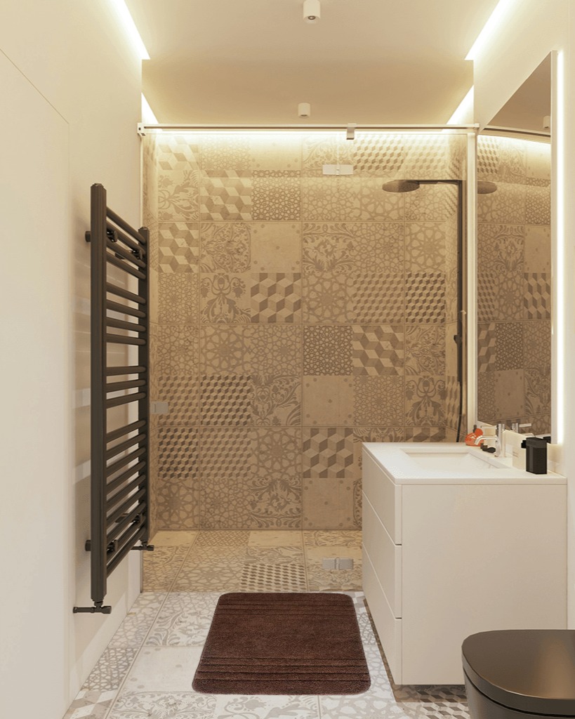 Bathroom rug ideas brown in White Tiled Bathroom