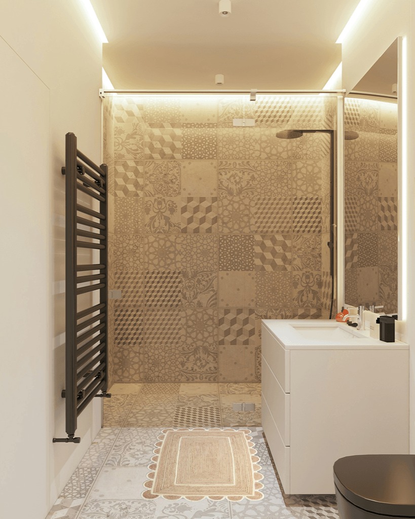 Bathroom rug ideas beige in White Tiled Bathroom