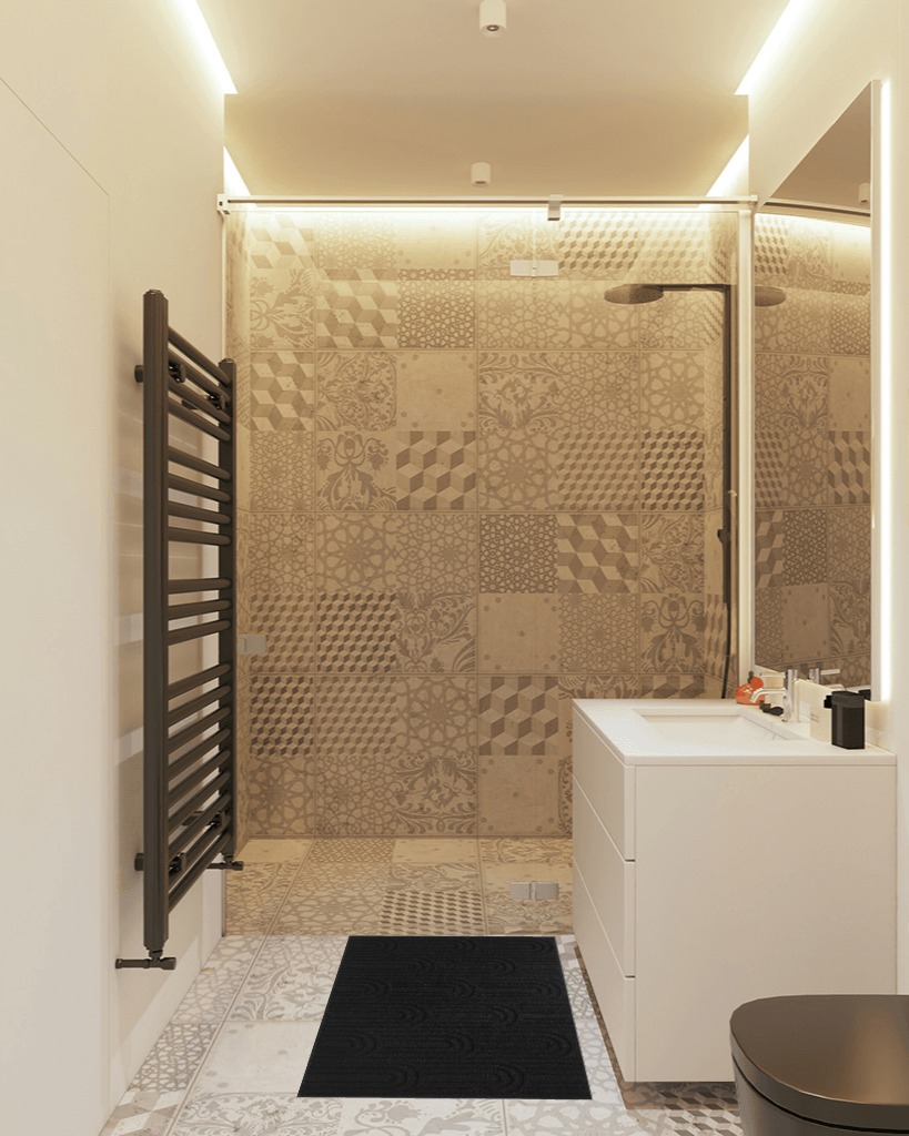 Bathroom rug ideas black in White Tiled Bathroom