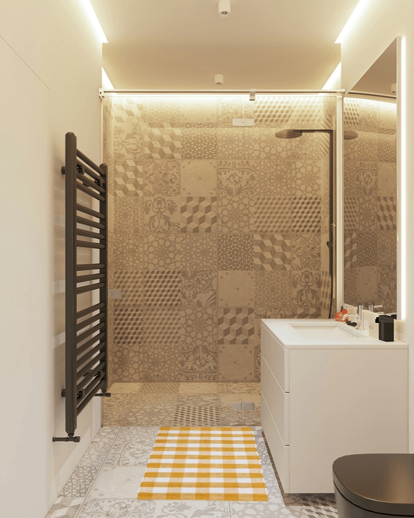 Bathroom rug ideas orange in White Tiled Bathroom