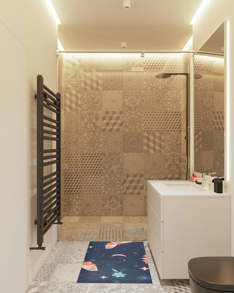 Boho rug ideas in White Tiled Bathroom