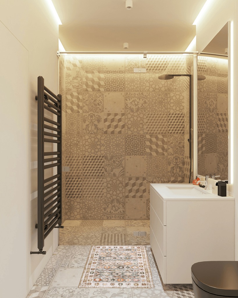 Bathroom rug ideas orange in White Tiled Bathroom