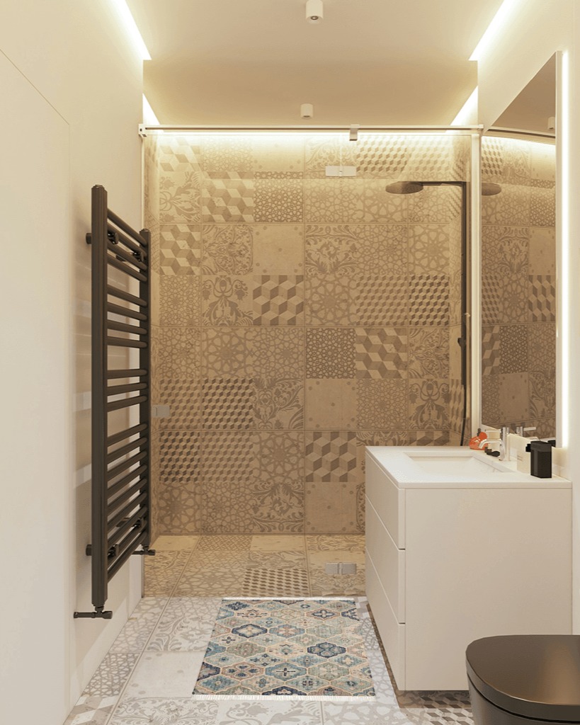 Bathroom rug ideas blue in White Tiled Bathroom