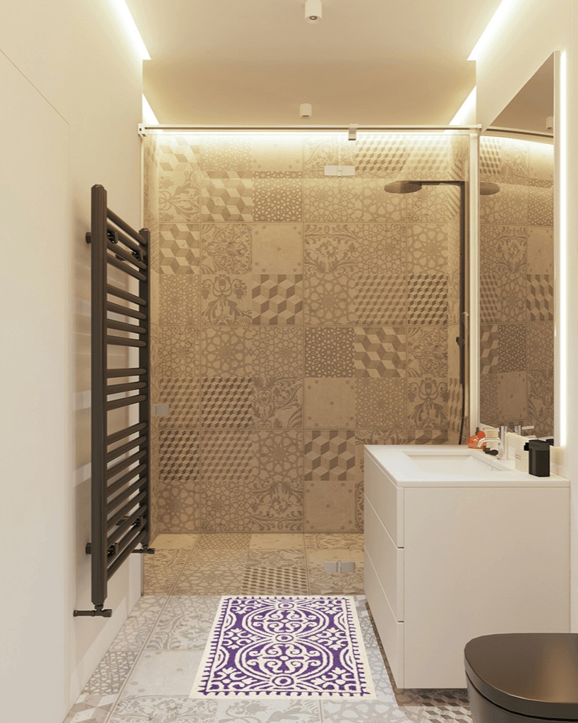 Bathroom rug ideas purple in White Tiled Bathroom