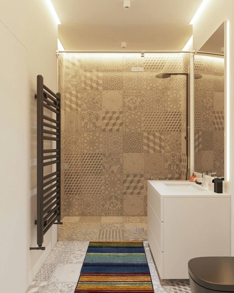 Bathroom rug ideas blue in White Tiled Bathroom