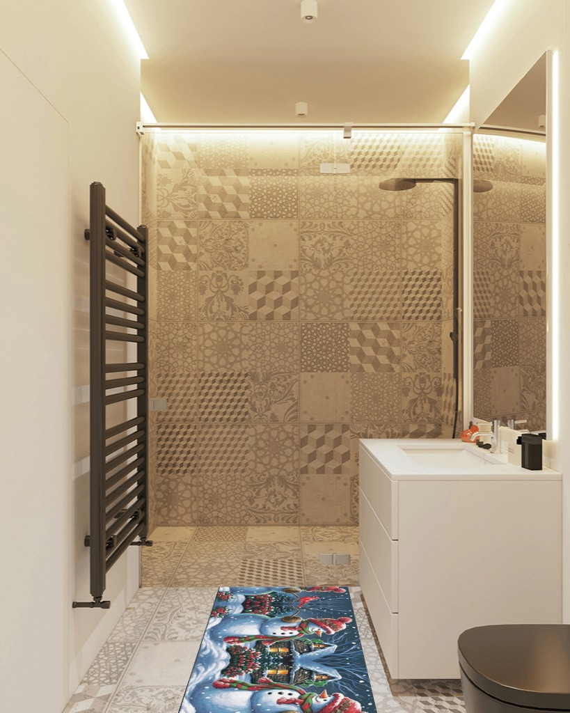 Bathroom rug ideas blue in White Tiled Bathroom