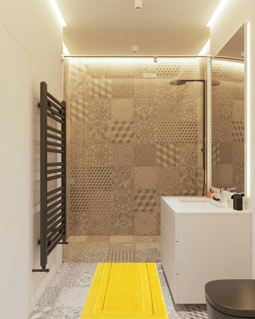 Bathroom rug ideas yellow in White Tiled Bathroom